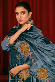 Pure Viscose Velvet Fancy Embroidered Disigner Salwar Kameez In Teal Color